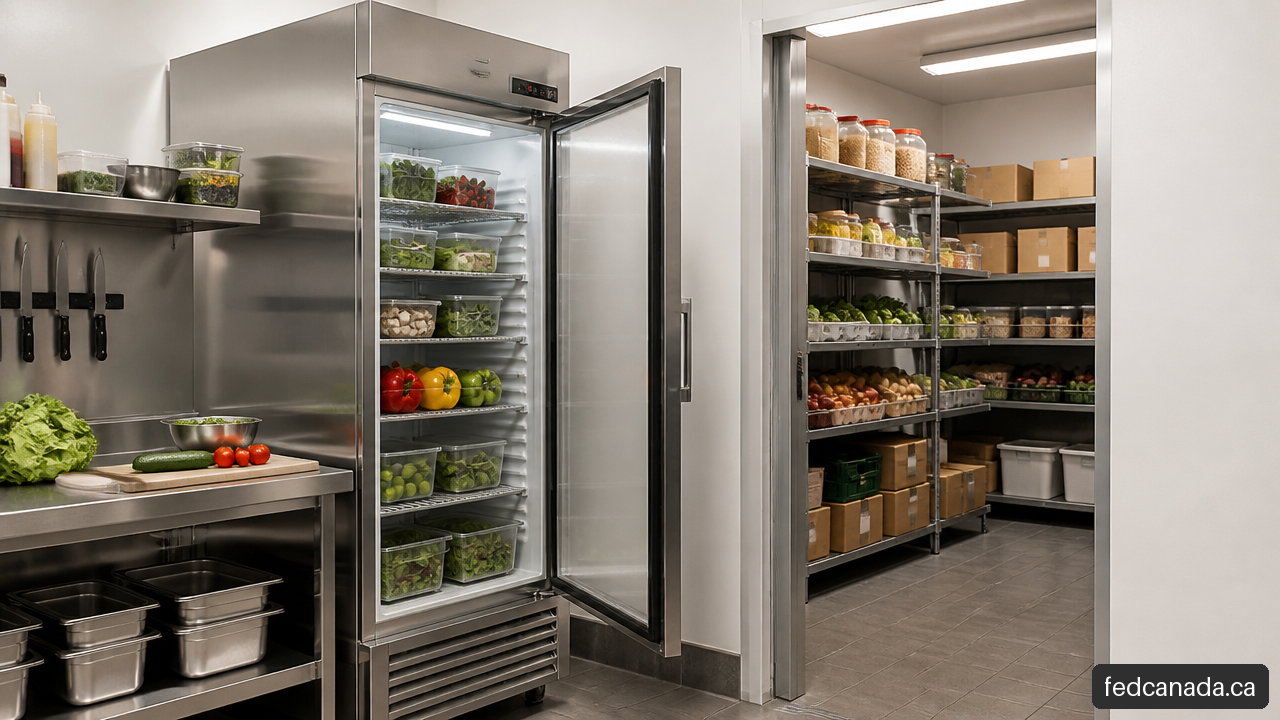 Active ingredients stored in a reach-in refrigerator and reserve inventory organized in a walk-in cooler