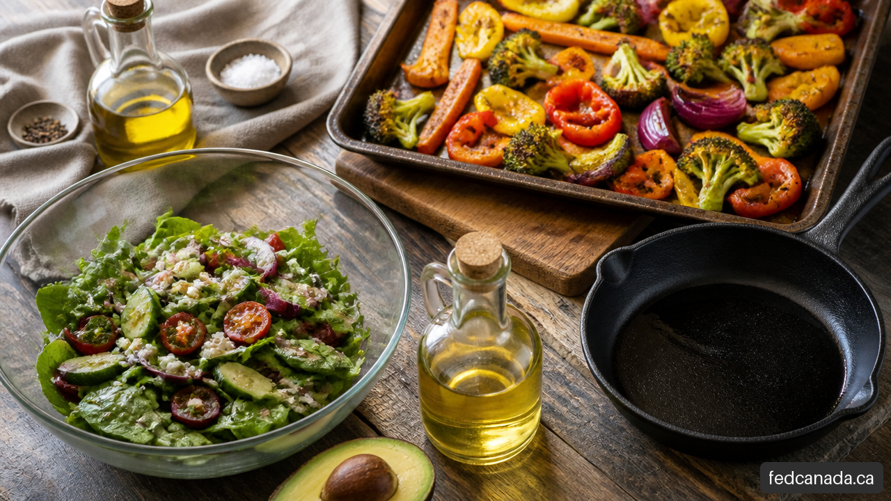 Salad with olive oil beside roasted vegetables and a skillet representing oils for different cooking methods.