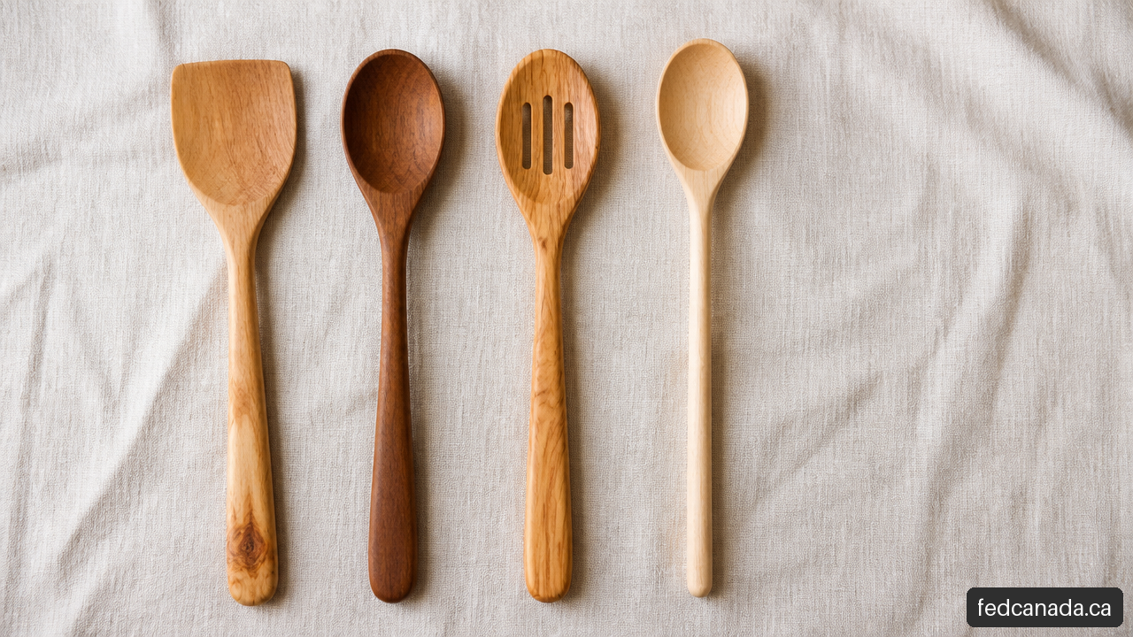 Four wooden cooking spoon styles including flat, rounded, slotted, and long-handled designs