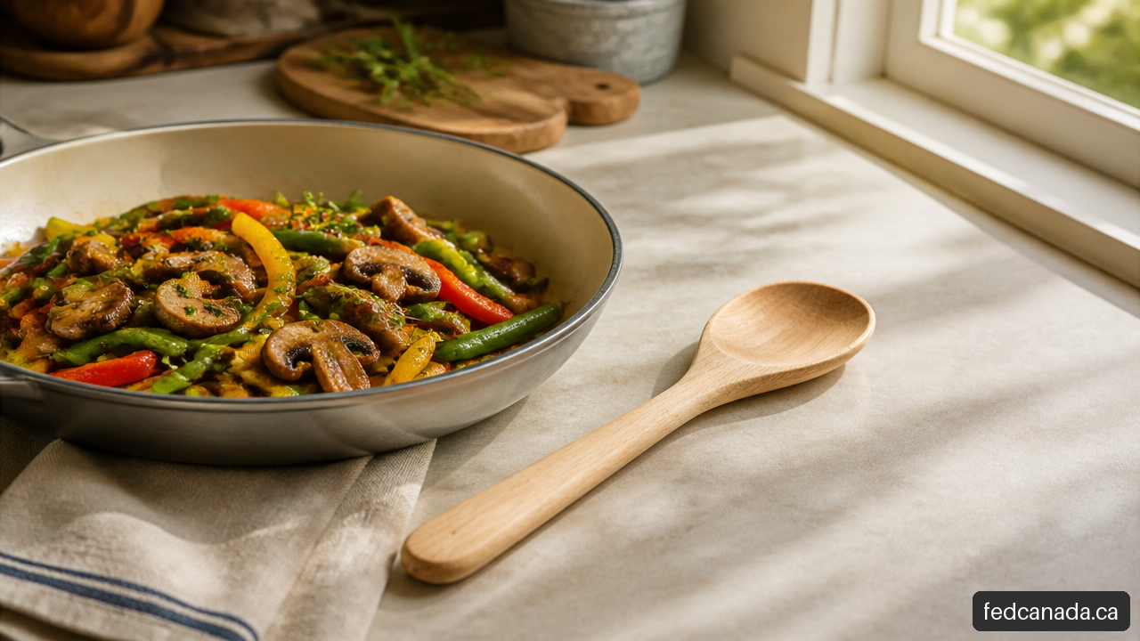 Maple wood spoon beside a skillet of sautéed vegetables on a kitchen counter