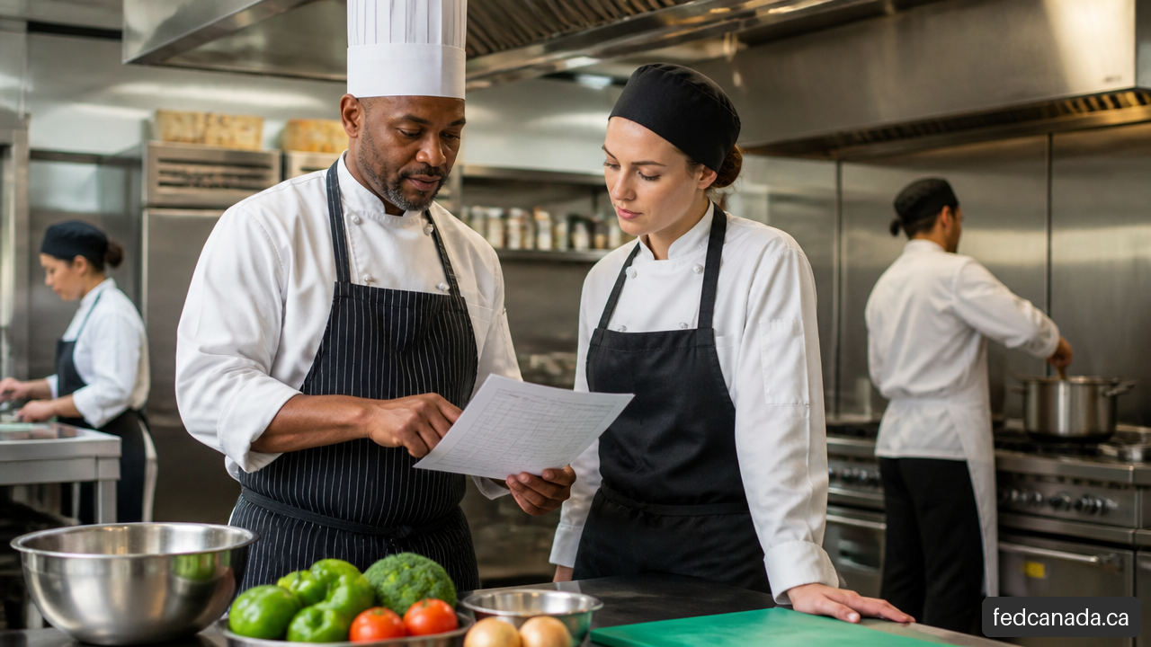 Kitchen supervisor giving practical feedback to a culinary learner during workplace-based learning.
