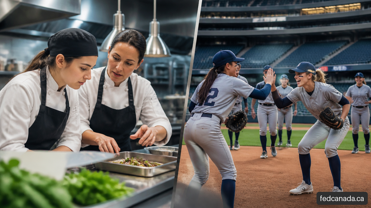 Split illustration showing workplace learning in a commercial kitchen and women’s professional baseball.