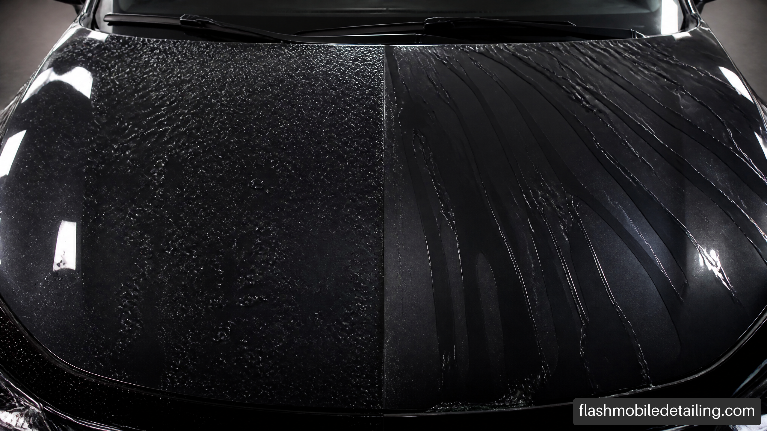 Comparison of water beading and water sheeting on a dark ceramic-coated vehicle hood.