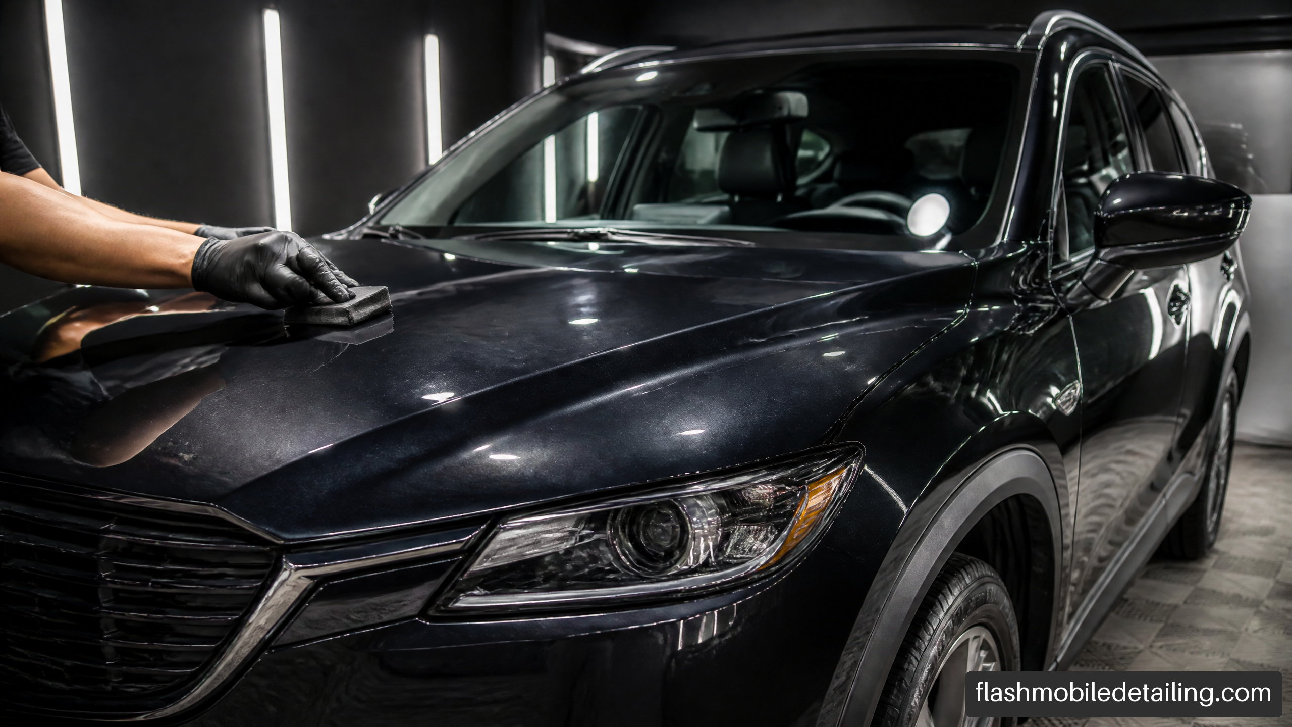 Technician applying ceramic coating to a polished dark SUV hood in a professional detailing studio.