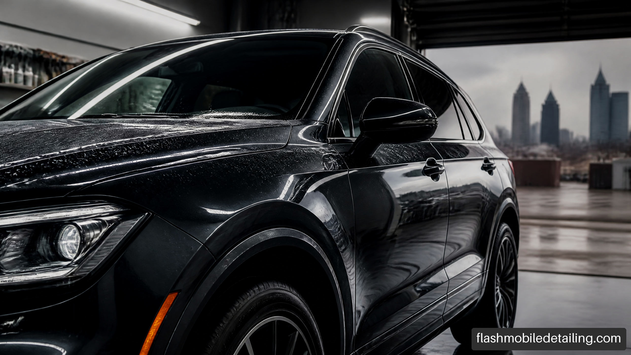 Glossy ceramic-coated SUV in a professional detailing studio near Philadelphia.