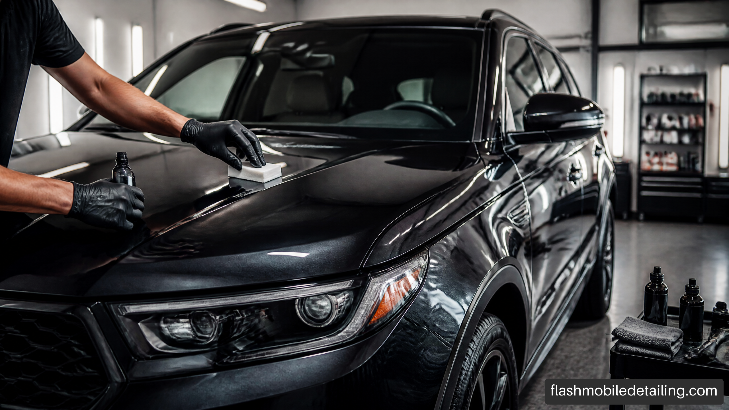 Technician applying ceramic coating to a dark SUV in a professional South Jersey detailing studio.