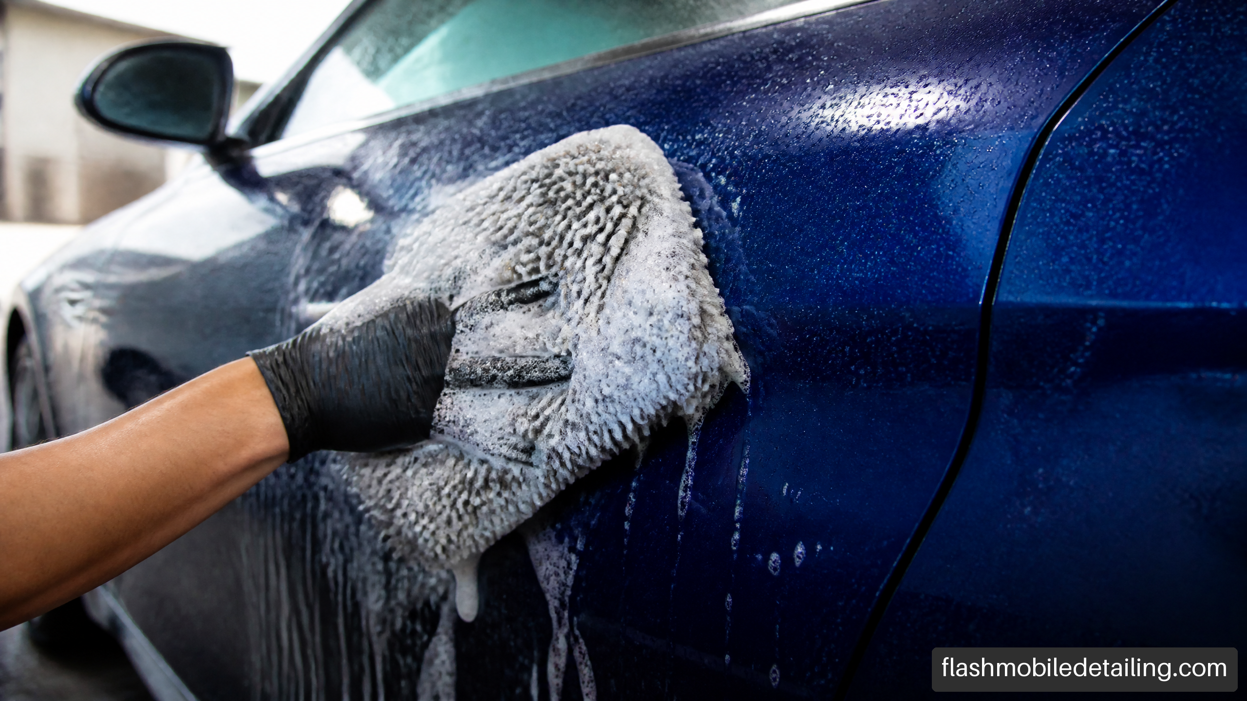 Water beading on a ceramic-coated blue vehicle during a careful hand wash.