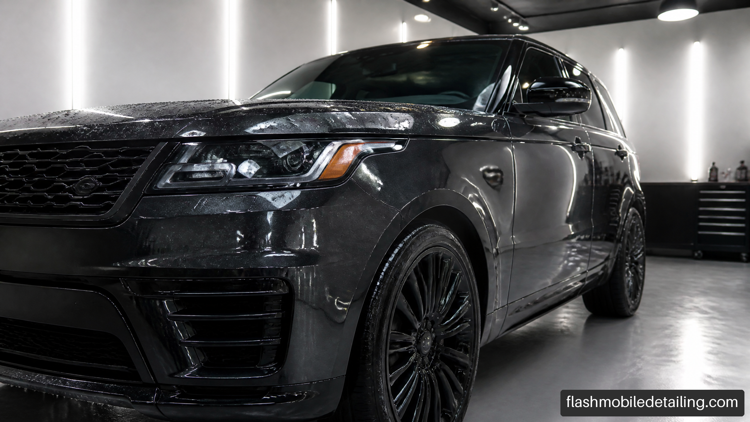 Dark metallic SUV with water beading on glossy ceramic-coated paint in a detailing studio