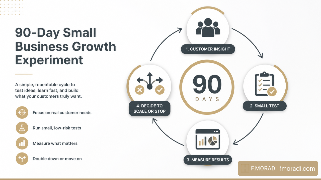 Visual workflow showing a 90 day growth experiment from customer insight through measurement and scale or stop decisions.