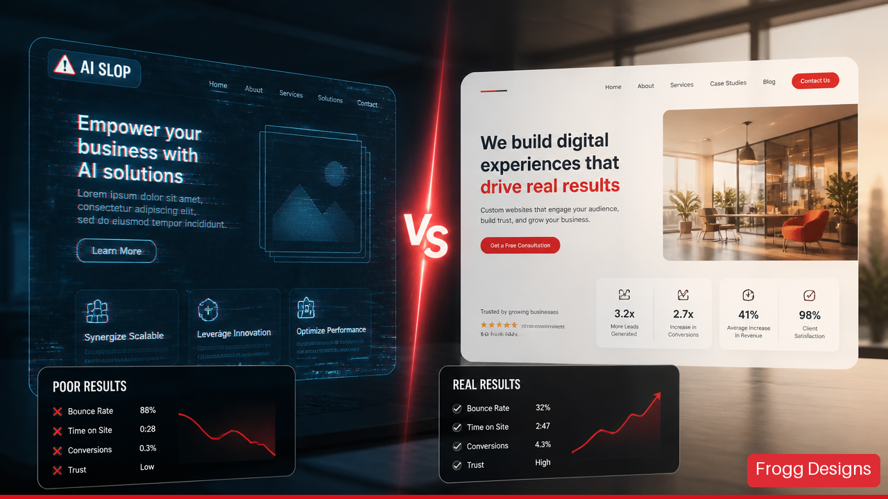 Comparison artwork showing a generic AI-generated website wireframe alongside a polished, custom-designed business website.