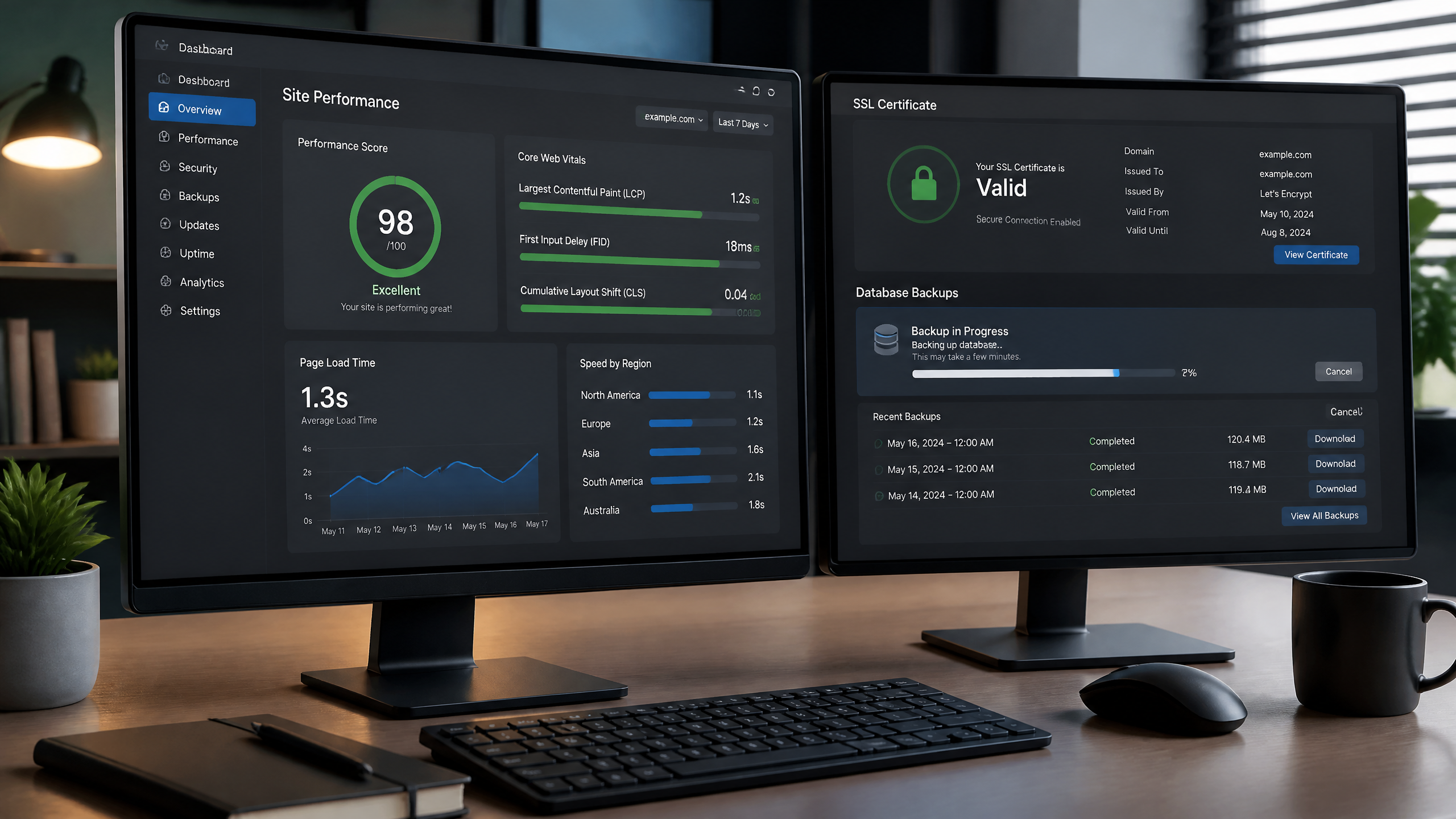 Digital dashboard showing website security updates, load speed metrics, and automated backups.