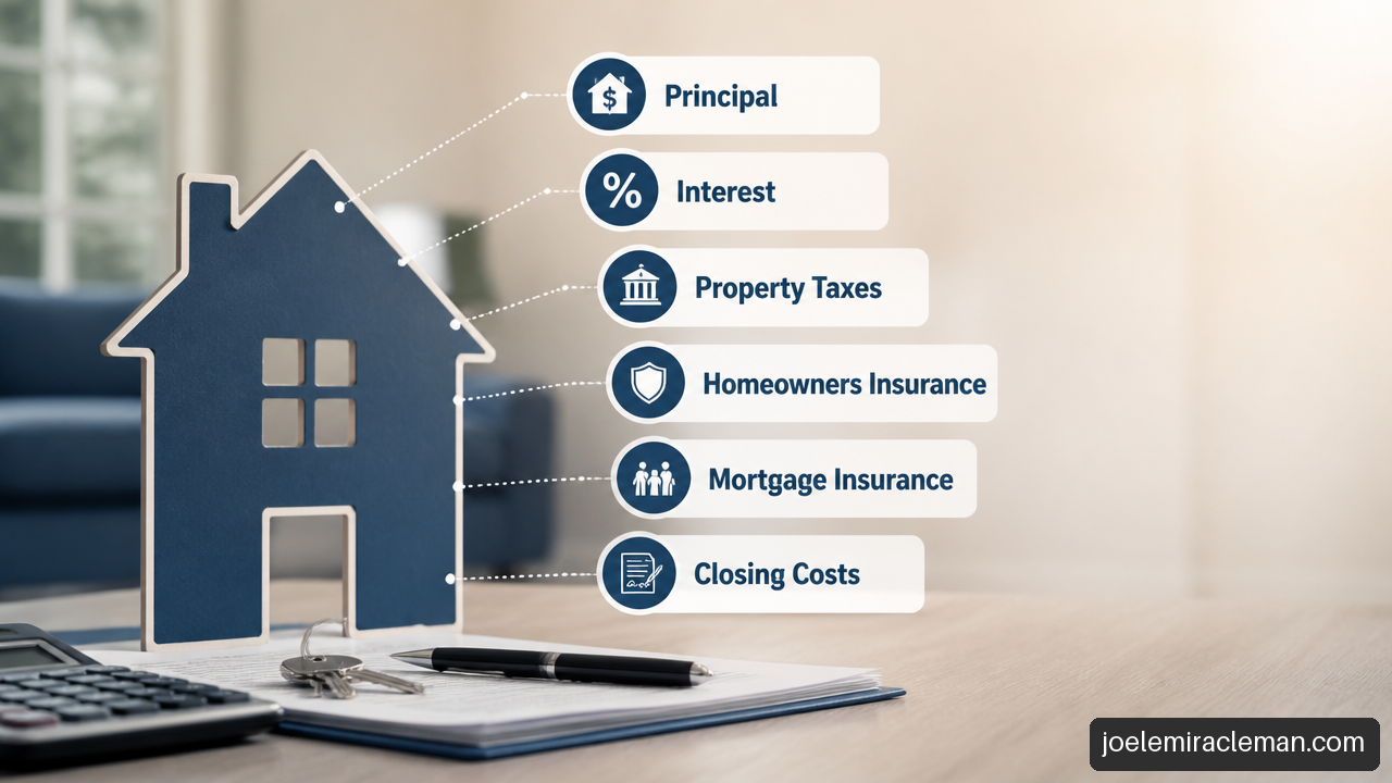 Illustration showing the parts of a first-time buyer's monthly housing cost and cash to close.