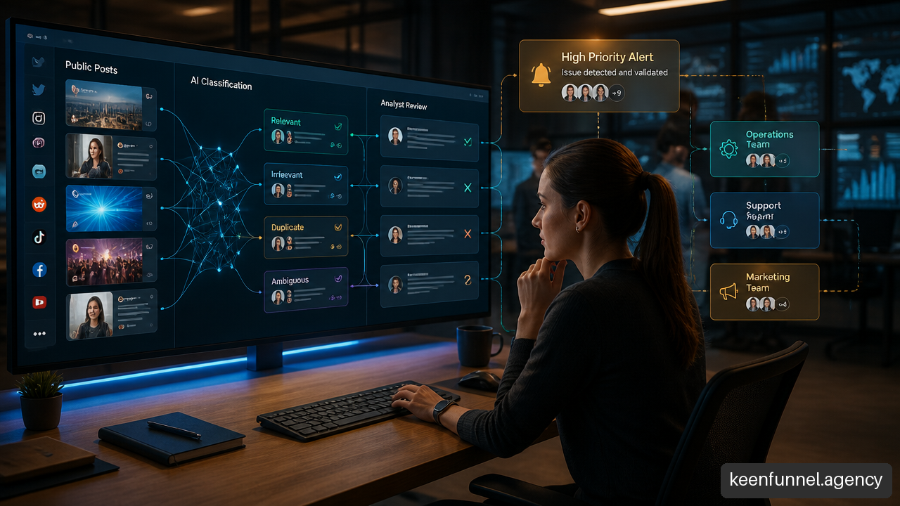 Human reviewer validating AI classified social media posts before business teams act on an alert.