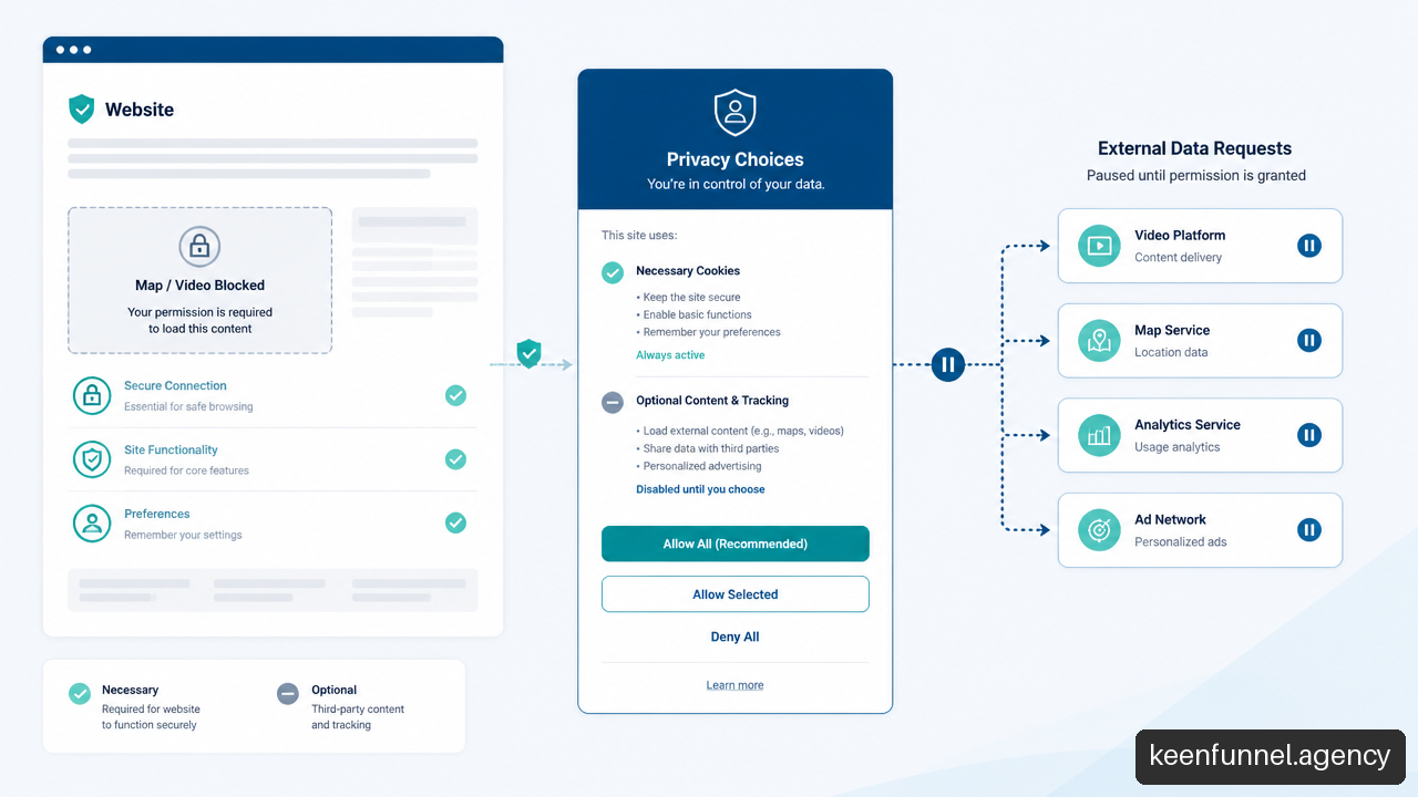 Diagram showing embedded content blocked until a visitor gives cookie consent.