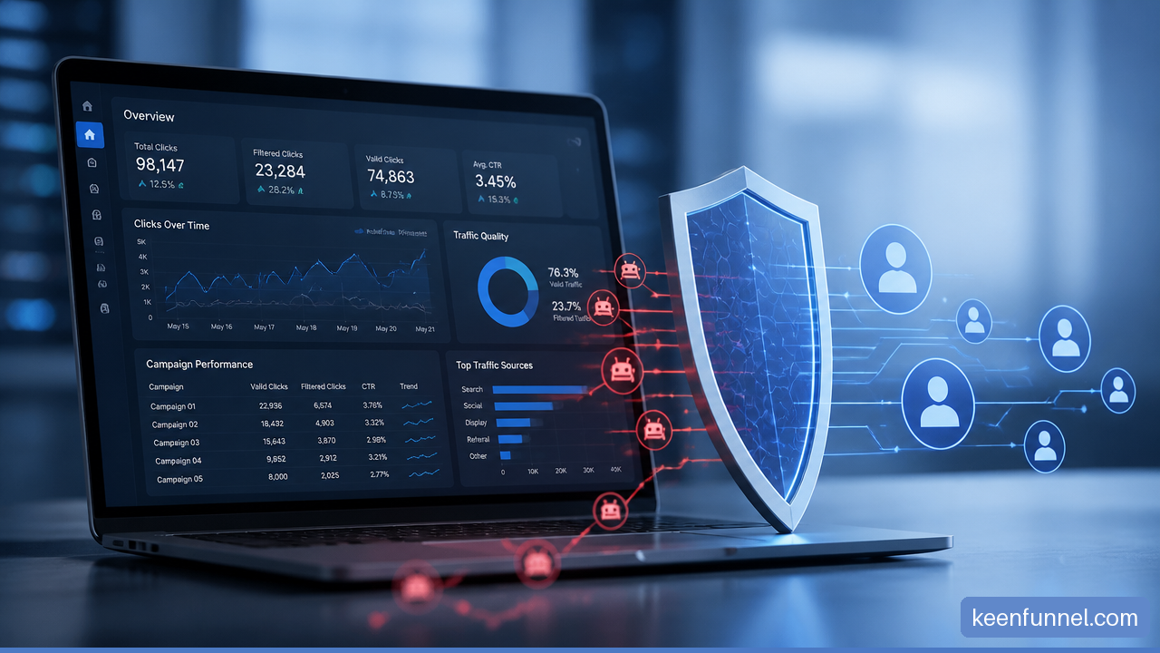 Digital advertising dashboard protected by a shield that filters bot traffic from legitimate clicks.