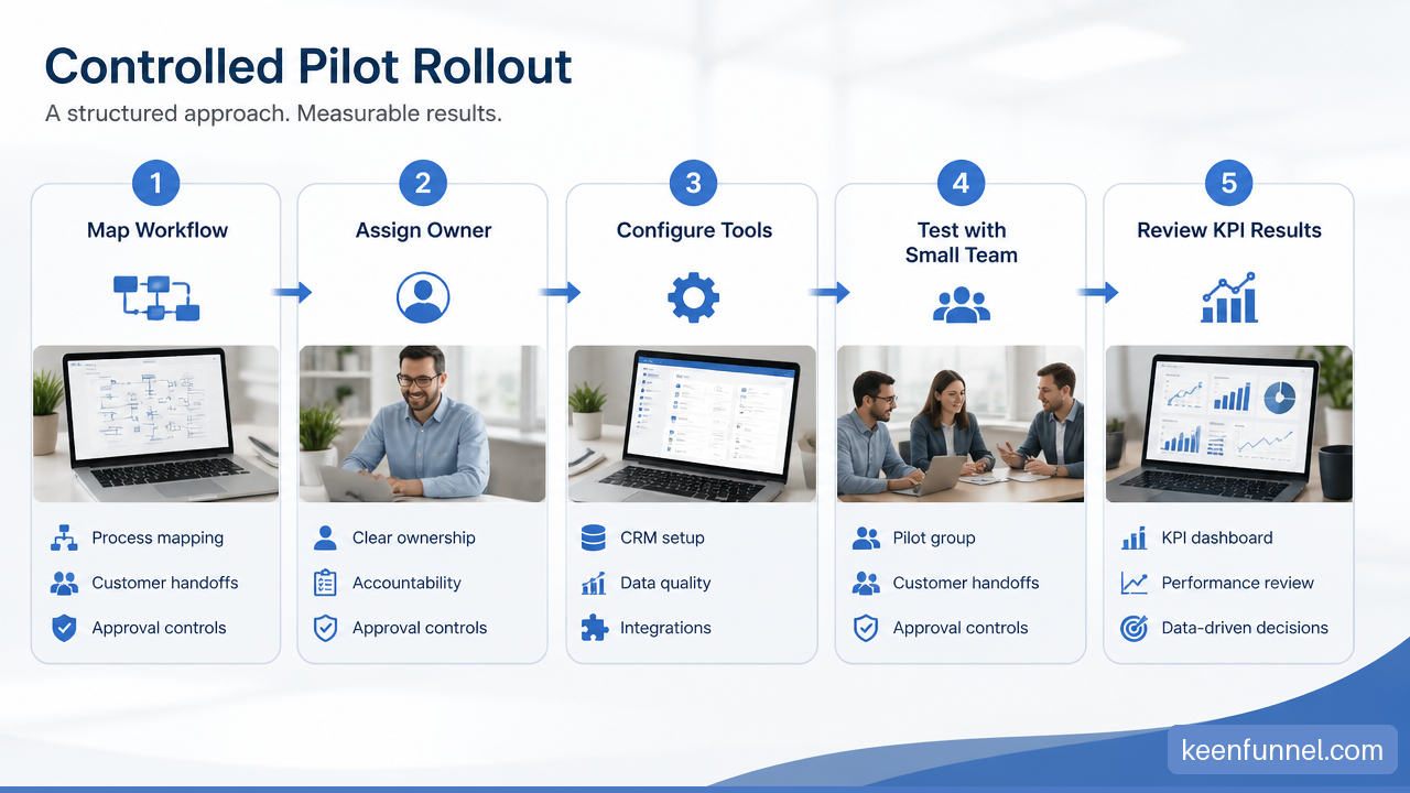 Illustration of a five stage pilot rollout for an SMB digital operating model.