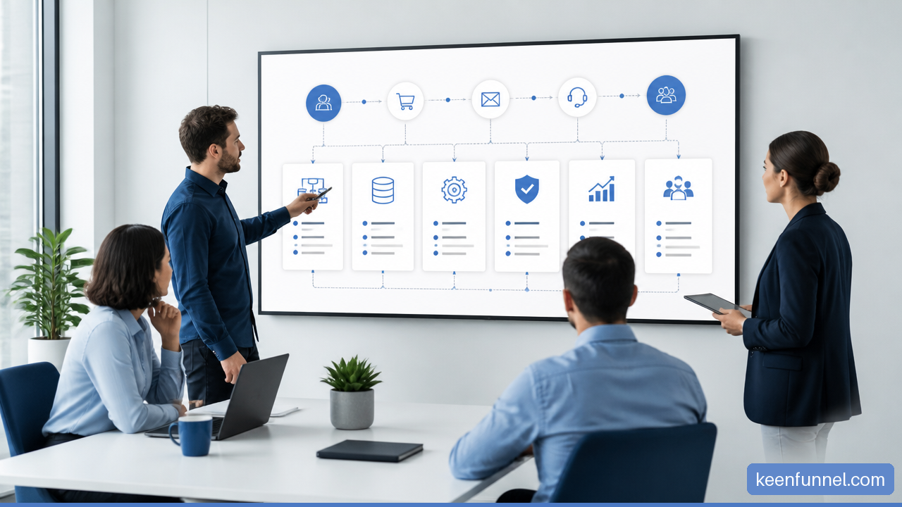 SMB leadership team reviewing a connected digital operating model with workflows, data, automation, governance, and KPIs.