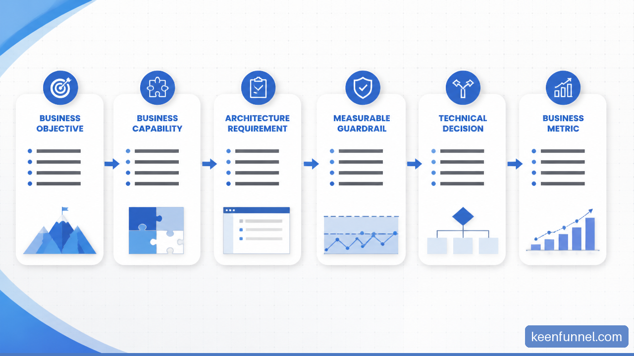 Diagram showing how a business objective becomes an architecture requirement, guardrail, technical decision, and measurable outcome.