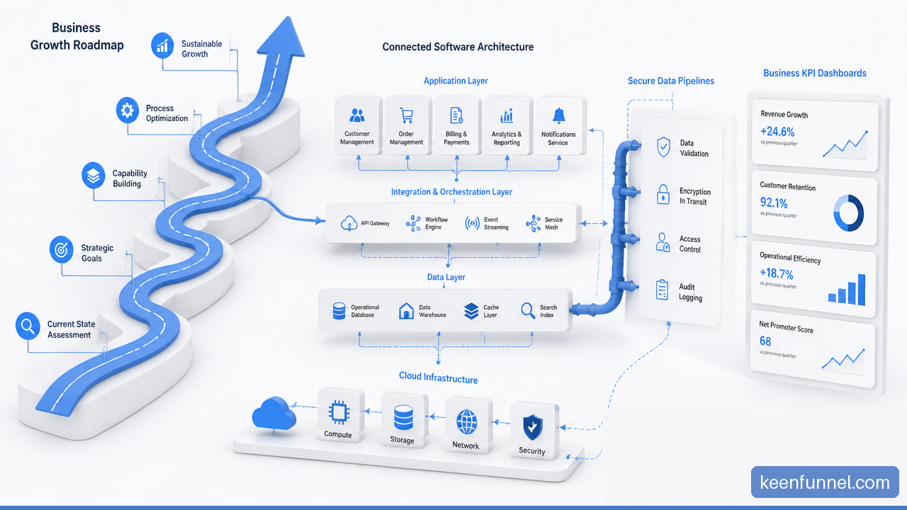 Illustration of a business growth roadmap connected to software architecture, data systems, and performance metrics.