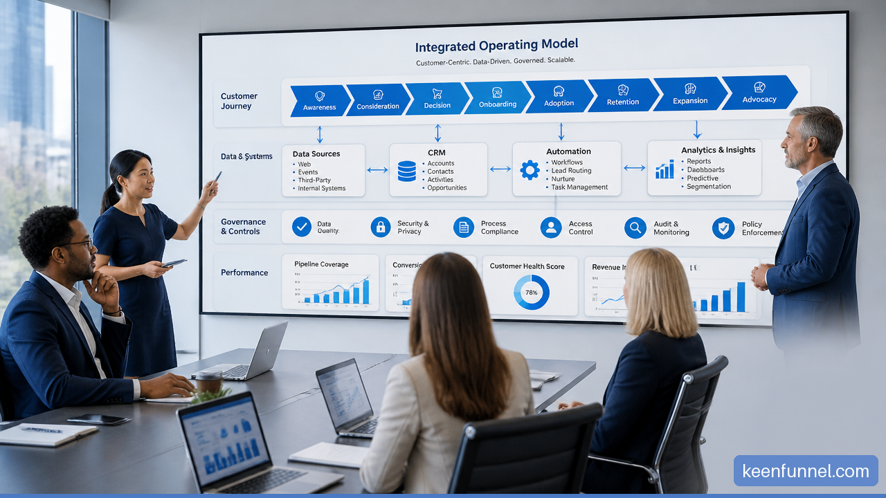 B2B leadership team reviewing a connected digital operating model with customer, data, and workflow elements.