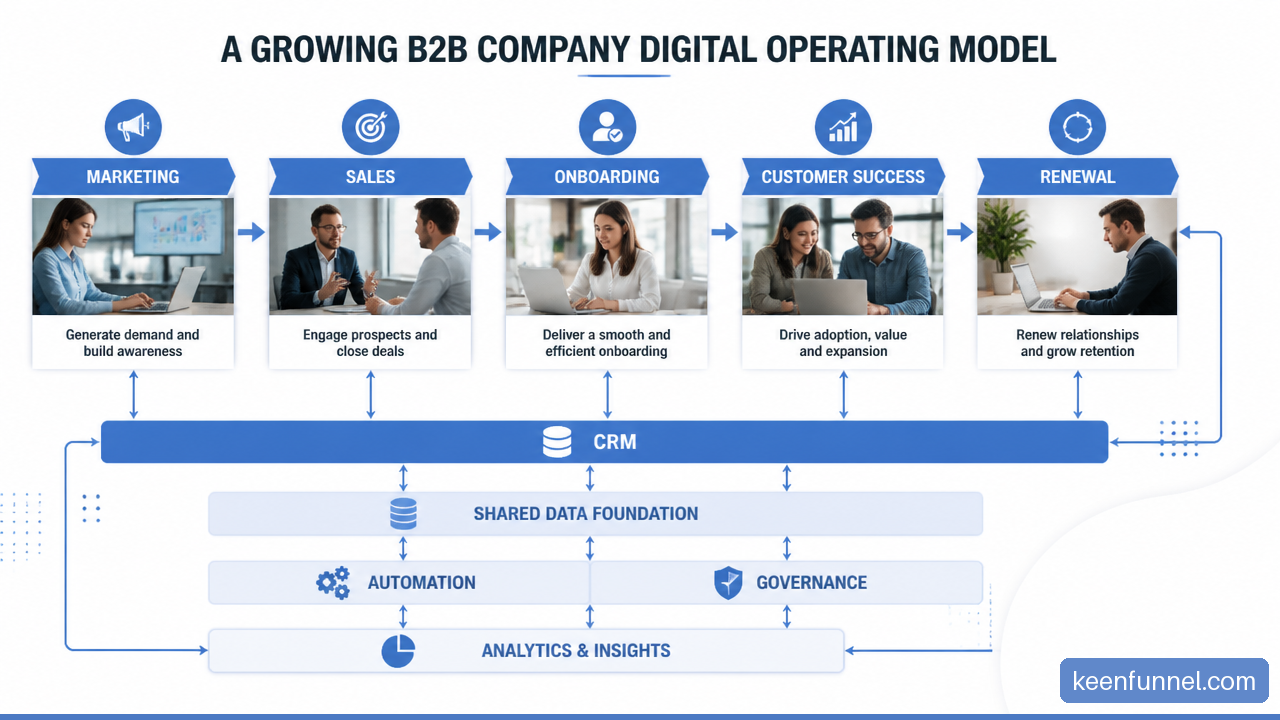 Diagram of connected B2B marketing, sales, onboarding, customer success, data, automation, and governance workflows.