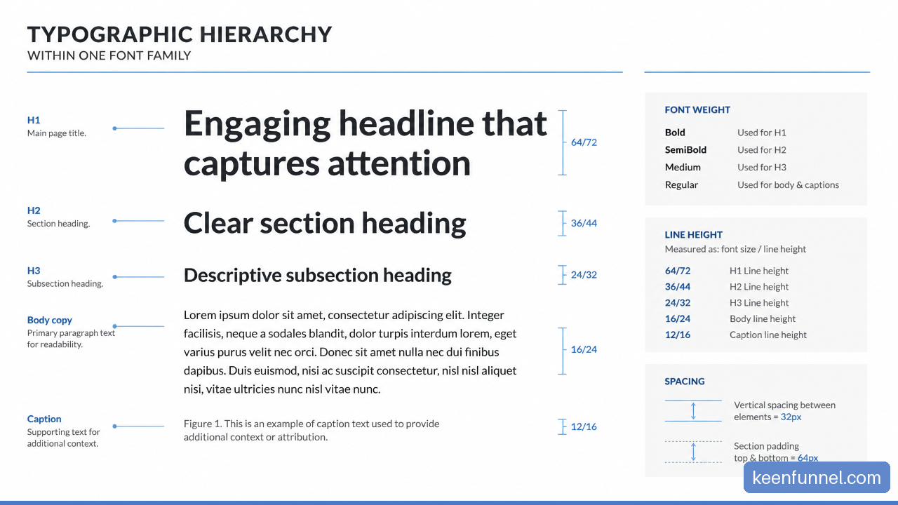 Infographic showing how size, weight, line height, and spacing create hierarchy within a single typeface family.