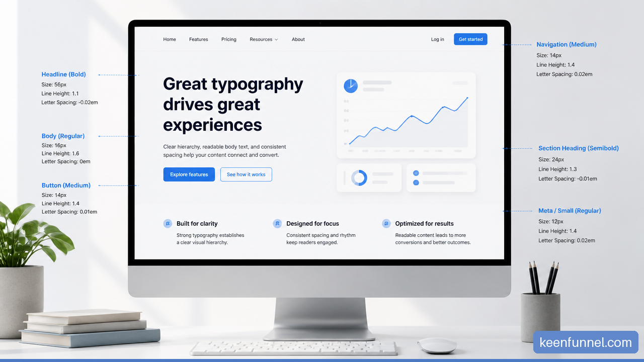 Website typography layout showing one typeface used with different sizes, weights, and spacing for headings and body copy.