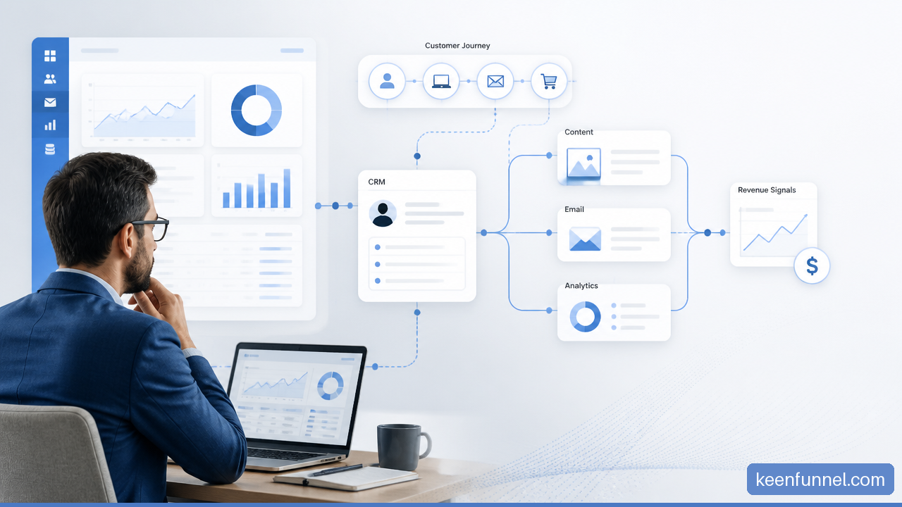 Connected marketing system linking customer data, campaign channels, analytics, and revenue performance.