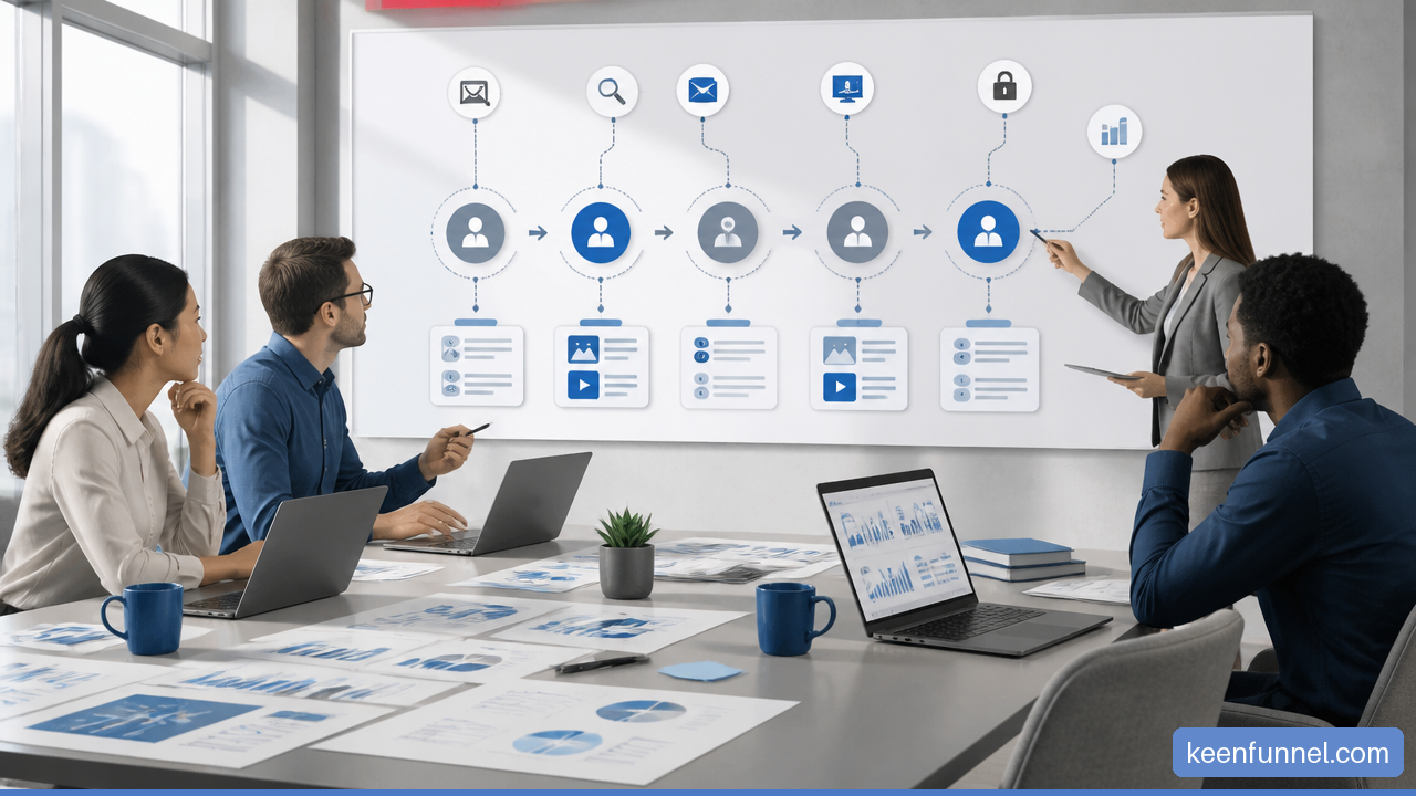 Marketing channel strategy map showing content, email, search, social, CRM, privacy, and analytics.