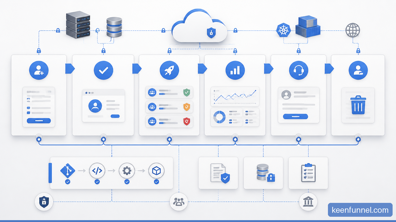Diagram showing the SaaS tenant lifecycle from provisioning and activation through releases, monitoring, support, and deprovisioning.