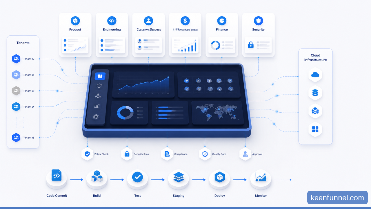 Illustration of a SaaS digital operating model connecting product, engineering, revenue, customer success, finance, and security.
