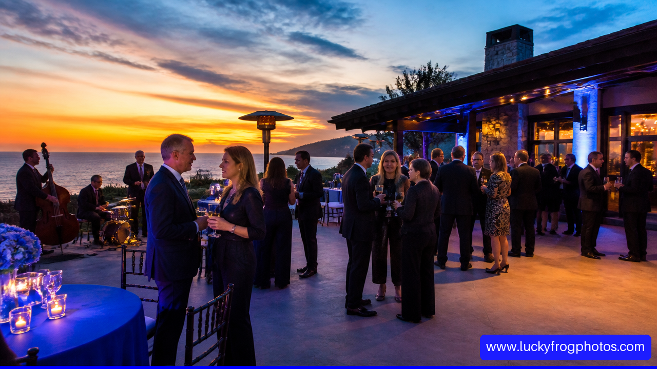 From Cocktails to Dancing: Unique Corporate Gala Entertainment Ideas in Laguna Beach - Lucky Frog Photo Marketing Corporate gala guests networking at an elegant oceanfront Laguna Beach event with live music.