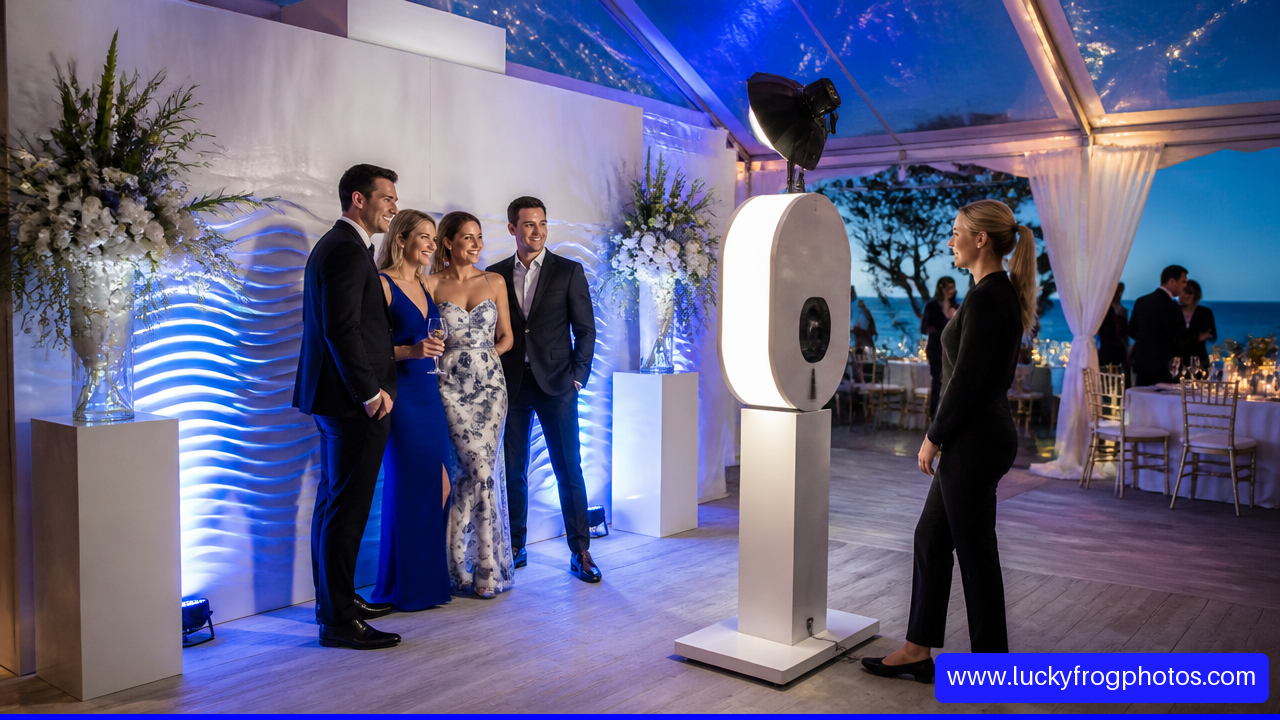 From Cocktails to Dancing: Unique Corporate Gala Entertainment Ideas in Laguna Beach - Lucky Frog Photo Marketing Luxury interactive photo booth at a Laguna Beach corporate gala.
