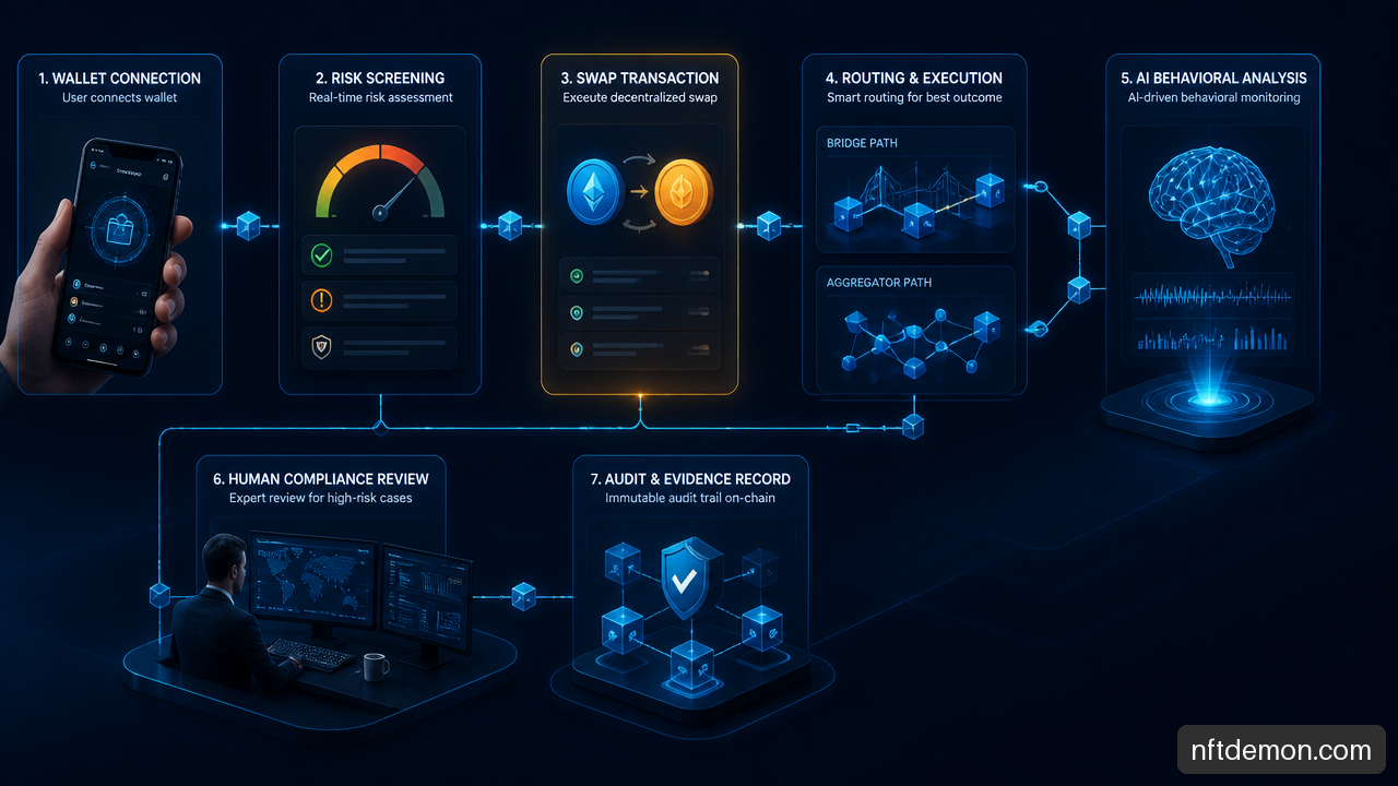 Illustration of AI-powered AML monitoring workflow from DEX wallet screening to compliance case review.