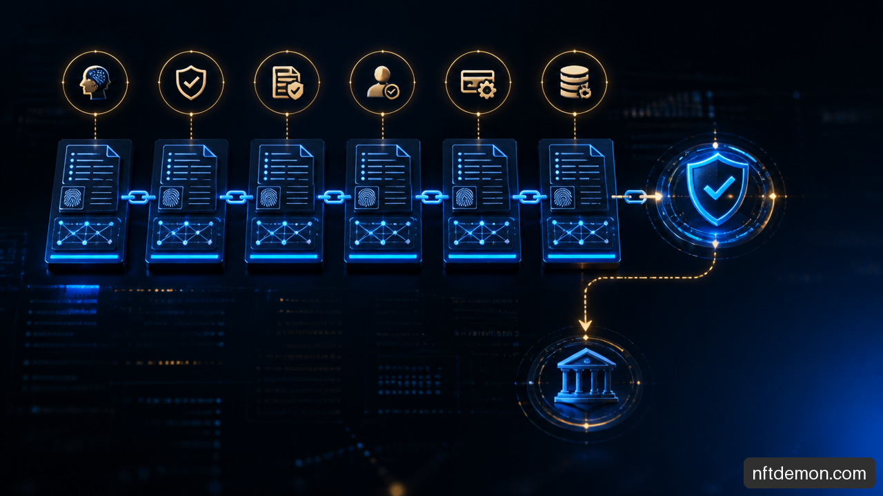 Diagram of cryptographically chained audit events connecting an AI financial decision to transaction execution.