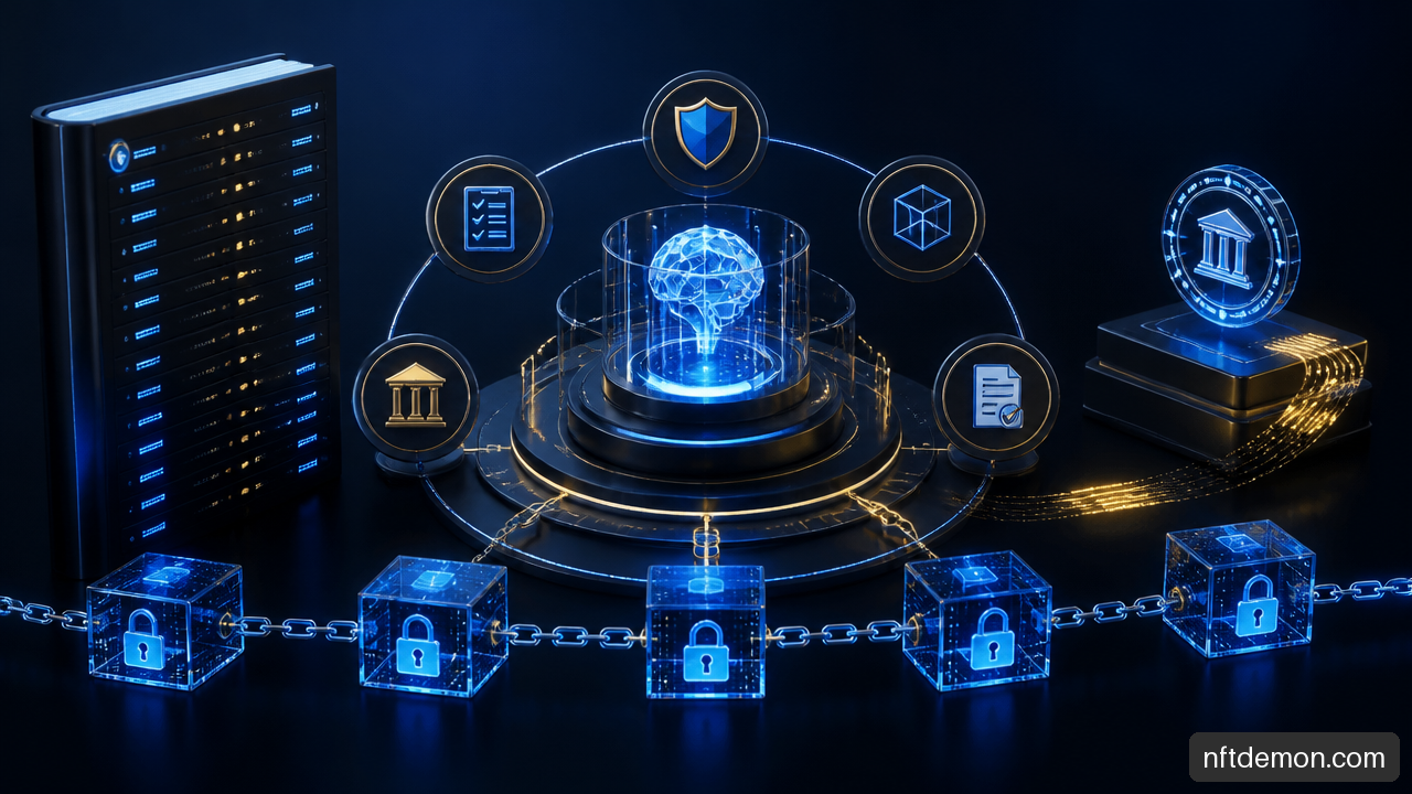 Illustration of an autonomous AI financial workflow linked to governance checks, audit records, and payment settlement.