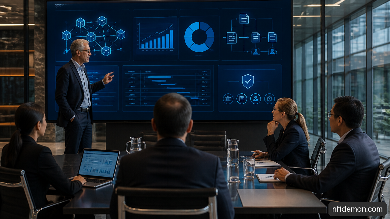 Executives reviewing a blockchain business case with operational cost and reconciliation metrics.
