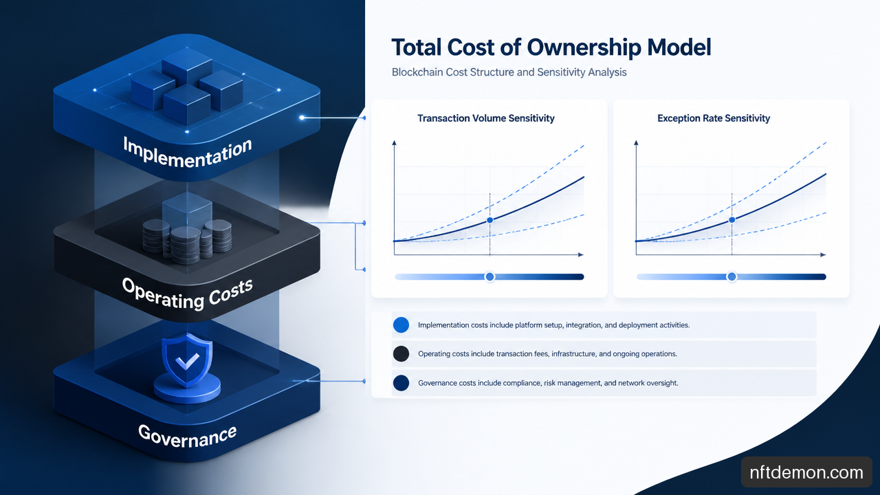 Visual model of blockchain implementation, operating, and governance costs used in a total cost of ownership analysis.