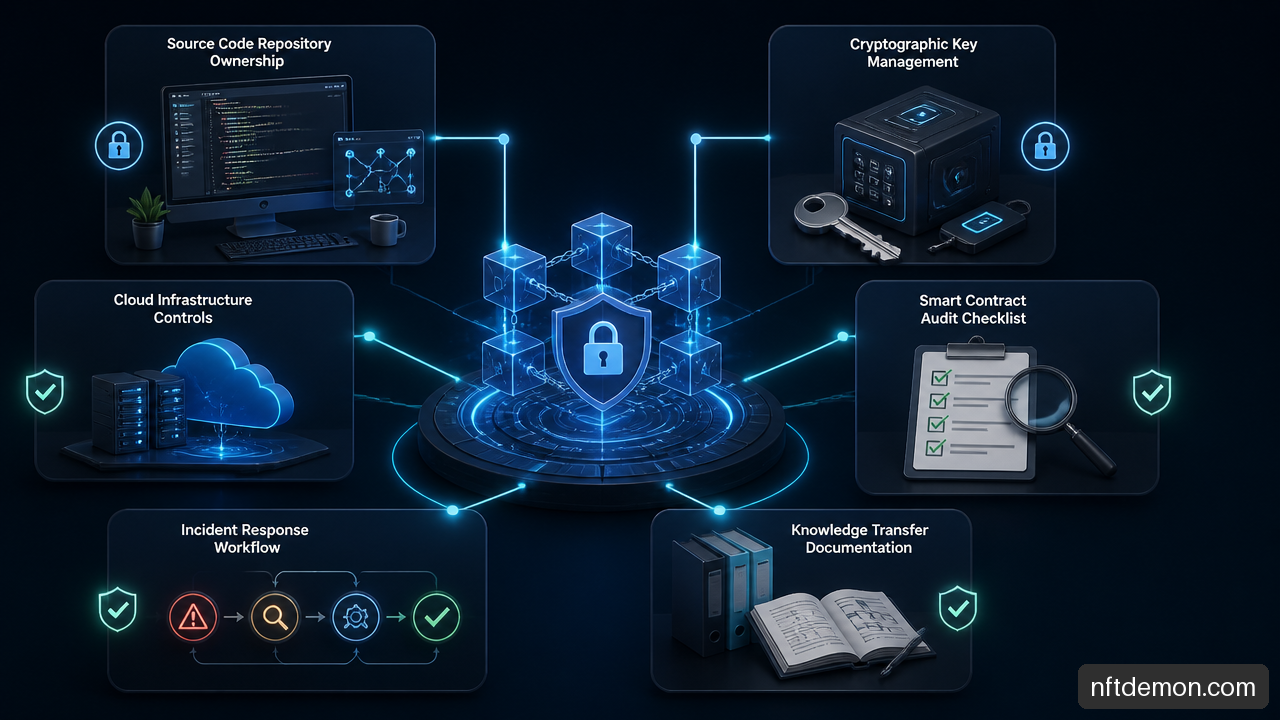 Blockchain vendor governance controls for source code, keys, security reviews, and operational handoff.