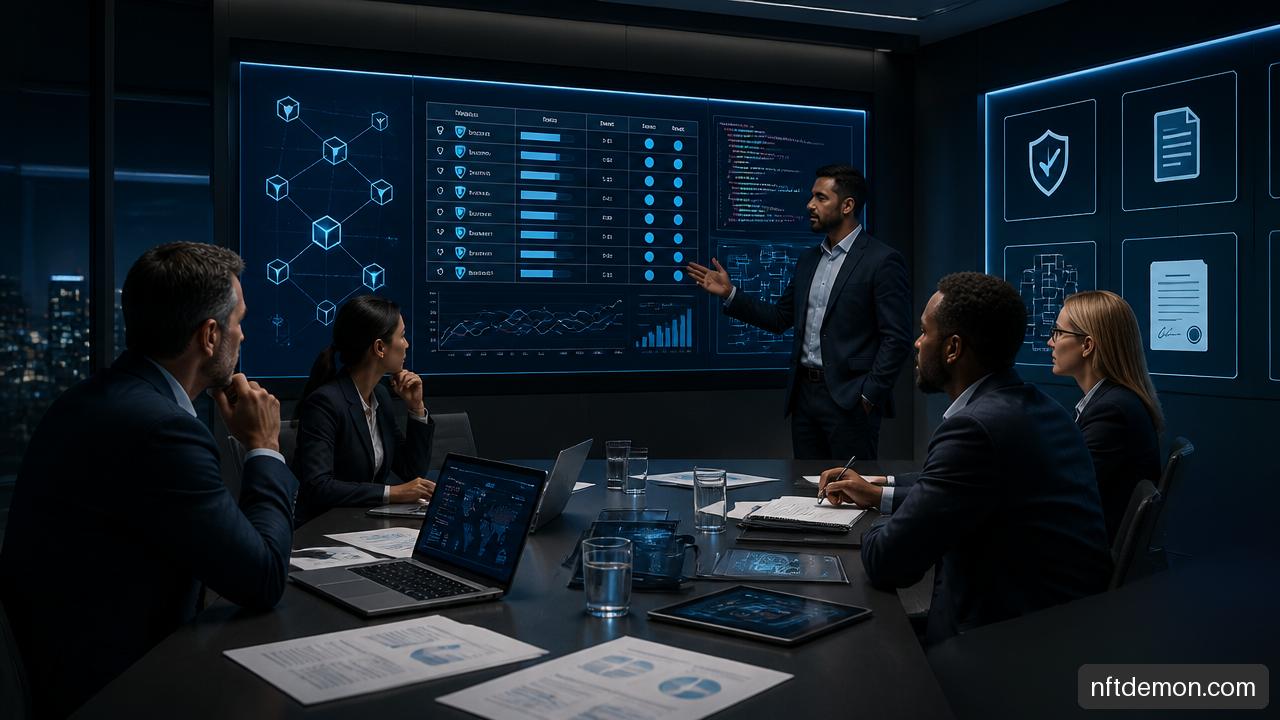 Executive team reviewing blockchain consulting vendor risk, security, and delivery evidence.