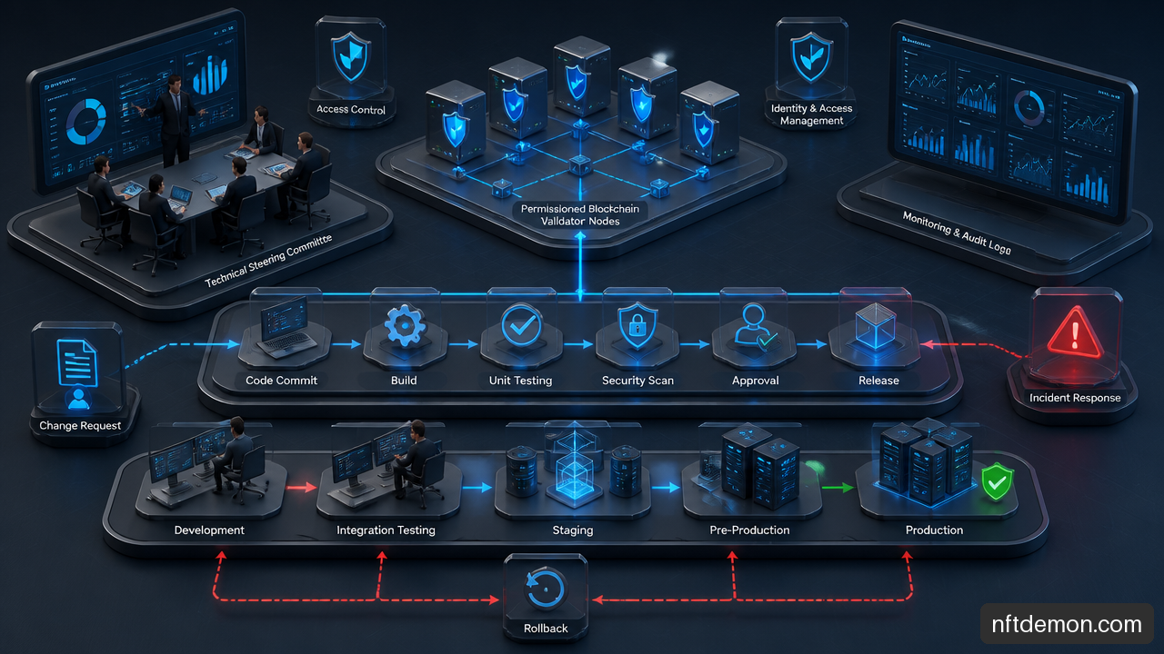 Permissioned blockchain change management workflow showing testing, approval, deployment, and rollback controls.