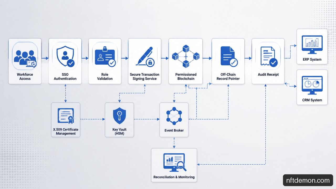 Identity controlled blockchain transaction flow from enterprise SSO and signing services through a permissioned ledger to ERP and CRM reconciliation.