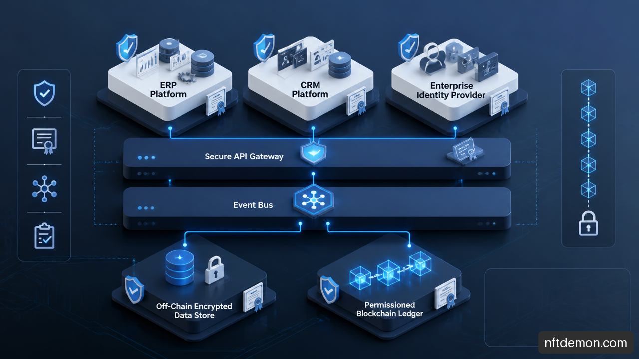 Layered blockchain integration architecture connecting ERP, CRM, identity services, event middleware, off chain storage, and a permissioned ledger.