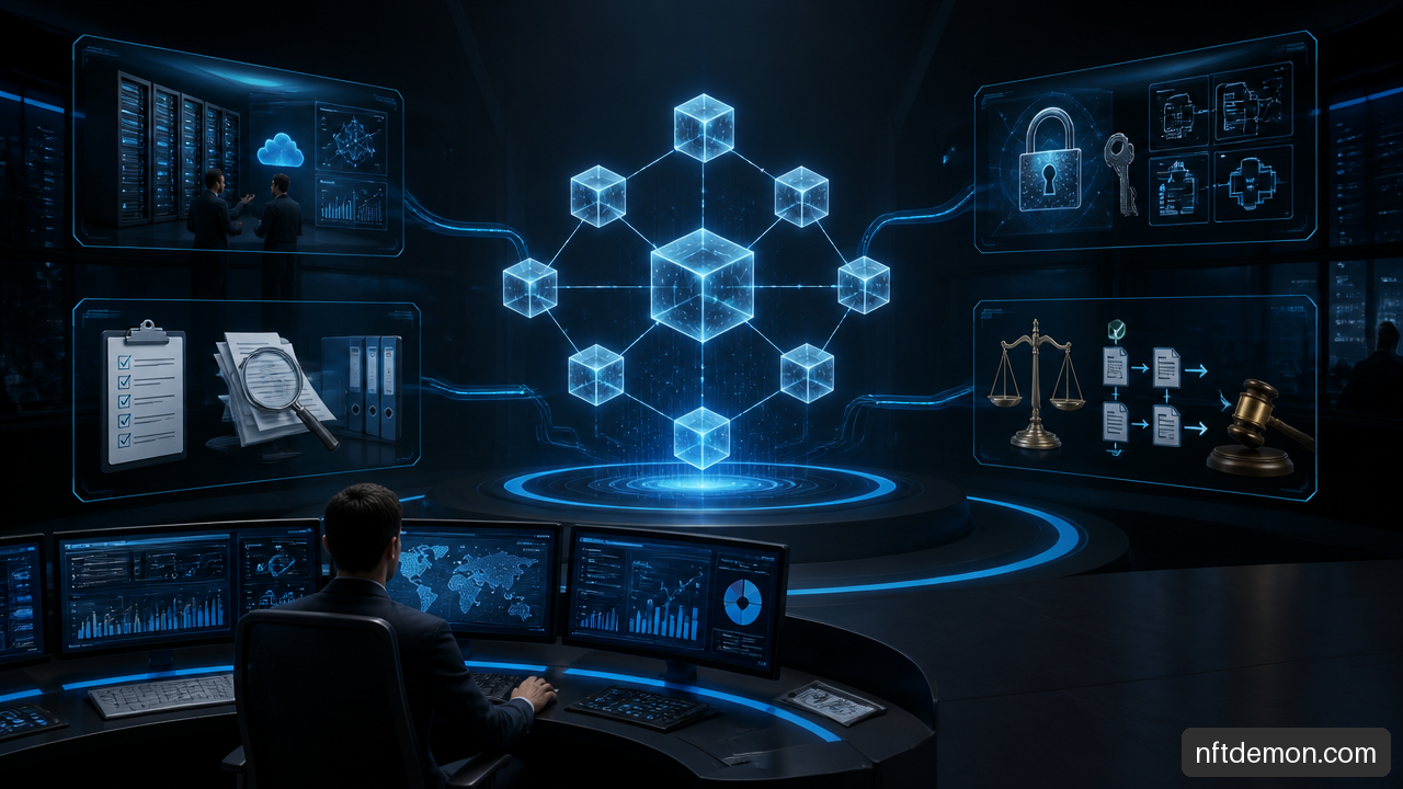 Enterprise blockchain operating model connecting technology ownership, compliance, support, and key governance.