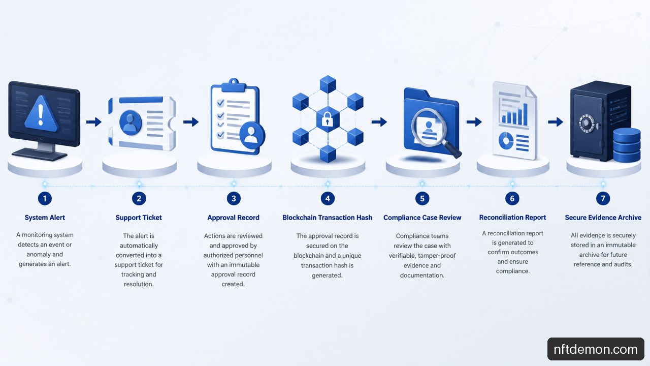 Workflow for preserving blockchain operational evidence from alert through audit archive.