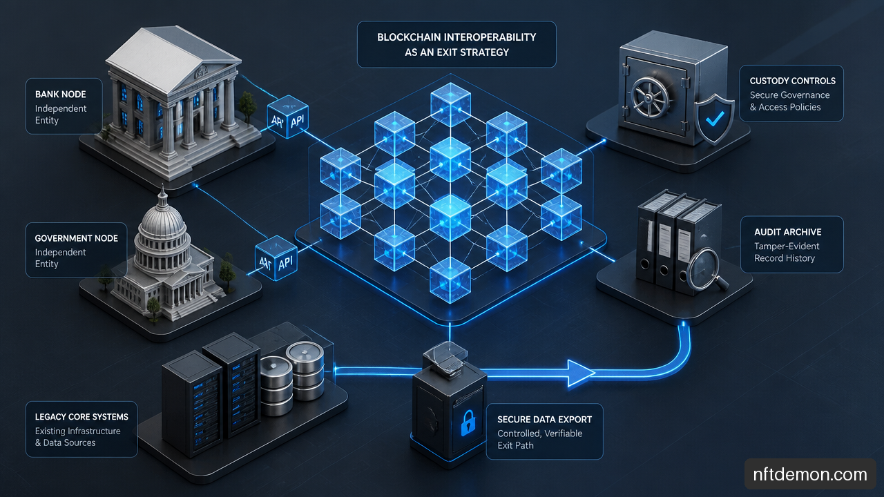 Diagram concept showing blockchain integration, independent control, and data portability for regulated institutions.