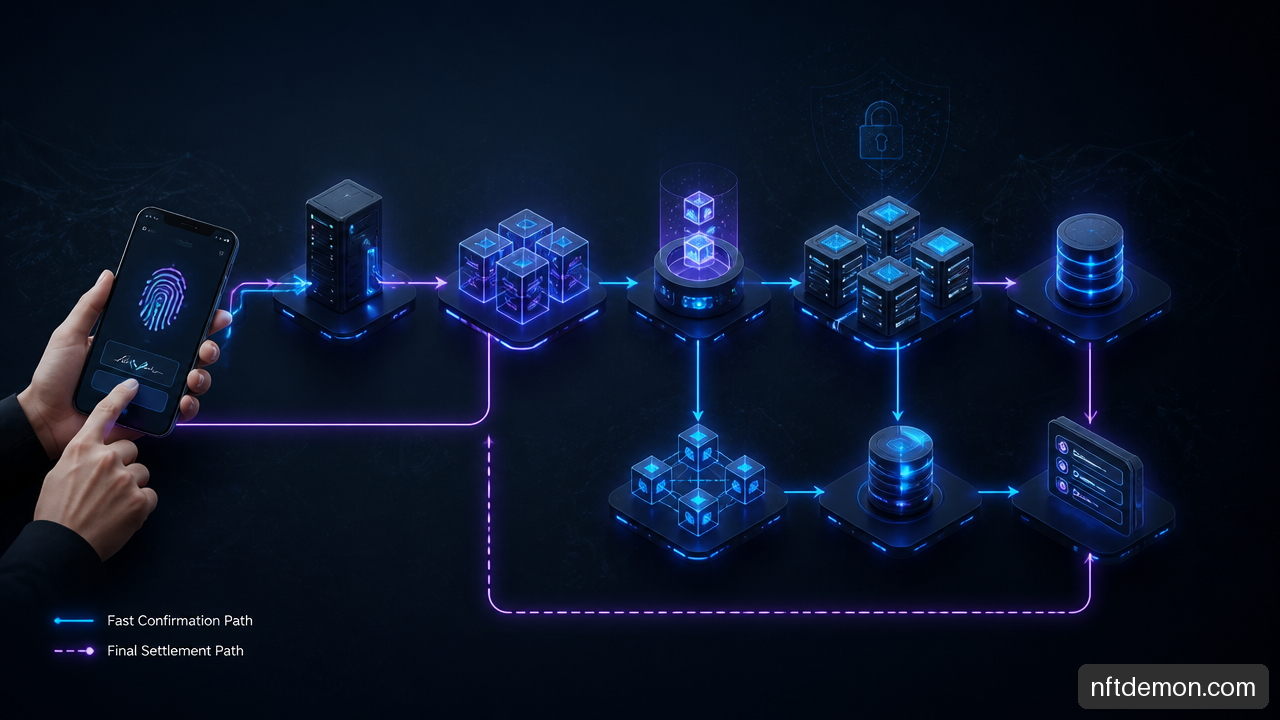 Consumer blockchain transaction flow showing wallet, RPC, sequencer, execution, data availability, settlement, indexing, and application update.