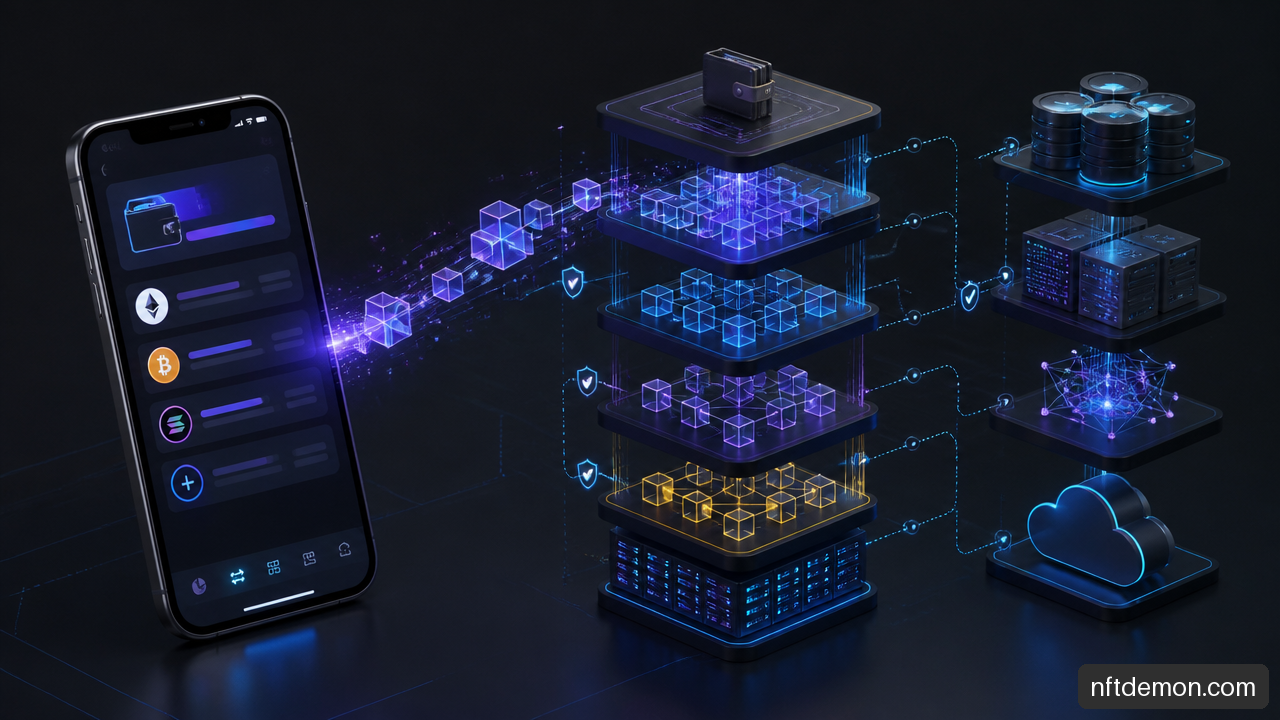 Layered blockchain scalability architecture connecting a consumer application to execution, data availability, settlement, and cloud infrastructure.