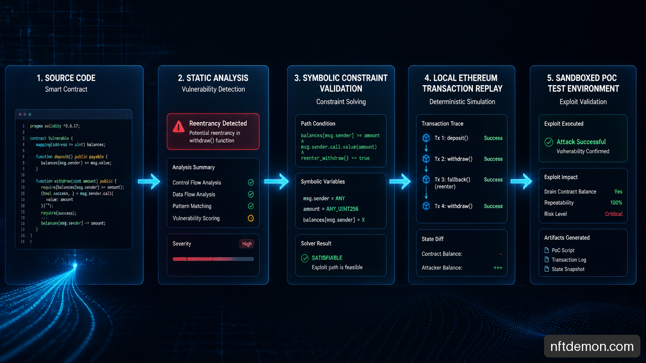 Sandboxed pipeline for static analysis, symbolic validation, transaction replay, and smart contract exploit testing.
