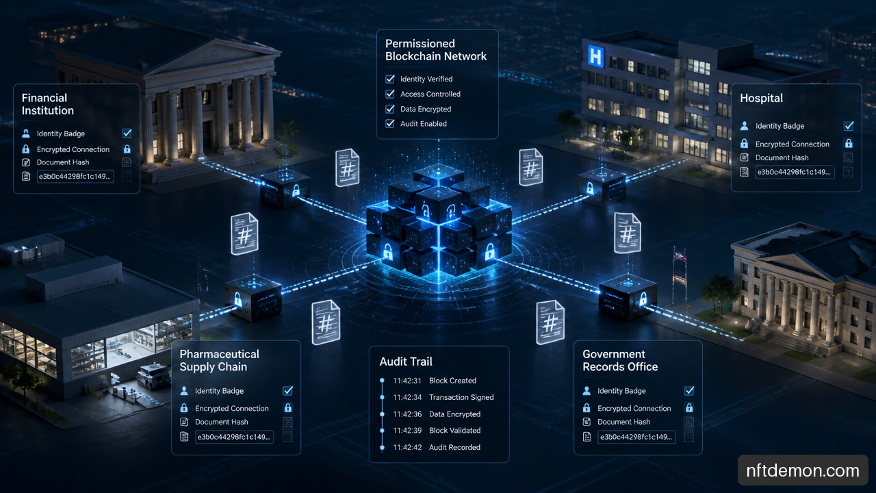 Enterprise blockchain network connecting regulated financial, healthcare, supply chain, and government systems.
